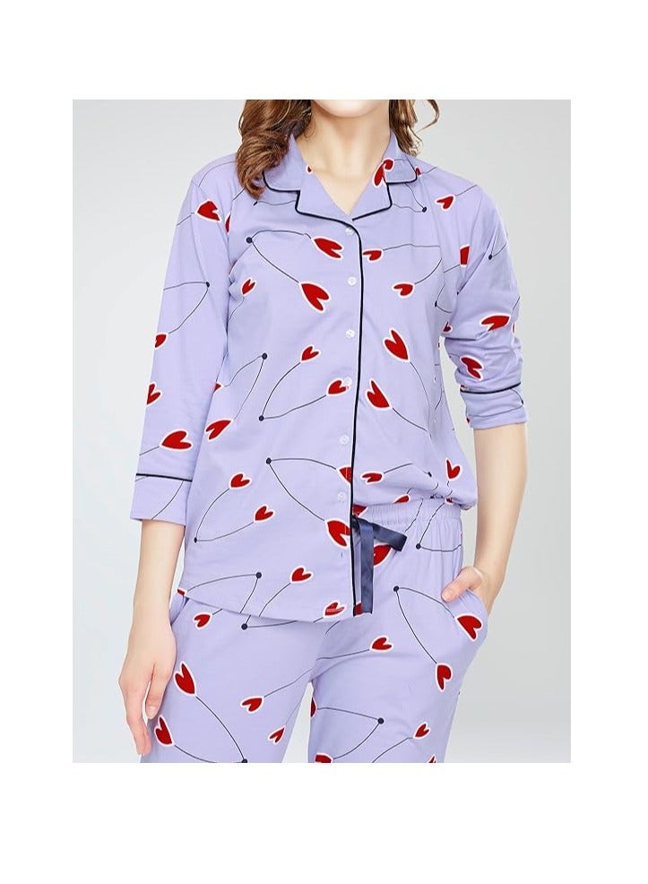 Accessorize Kingdom Night Suit for Women's Heart Printed Cotton Night Dress of Shirt and Pajama Set  - Image 2