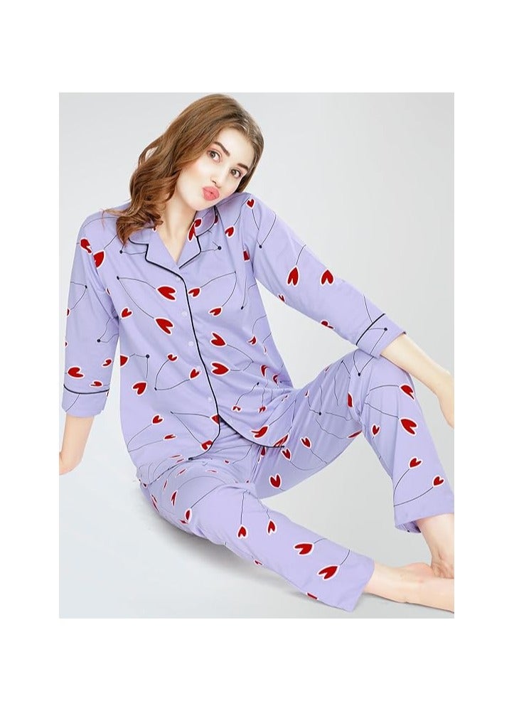 Accessorize Kingdom Night Suit for Women's Heart Printed Cotton Night Dress of Shirt and Pajama Set  - Image 3