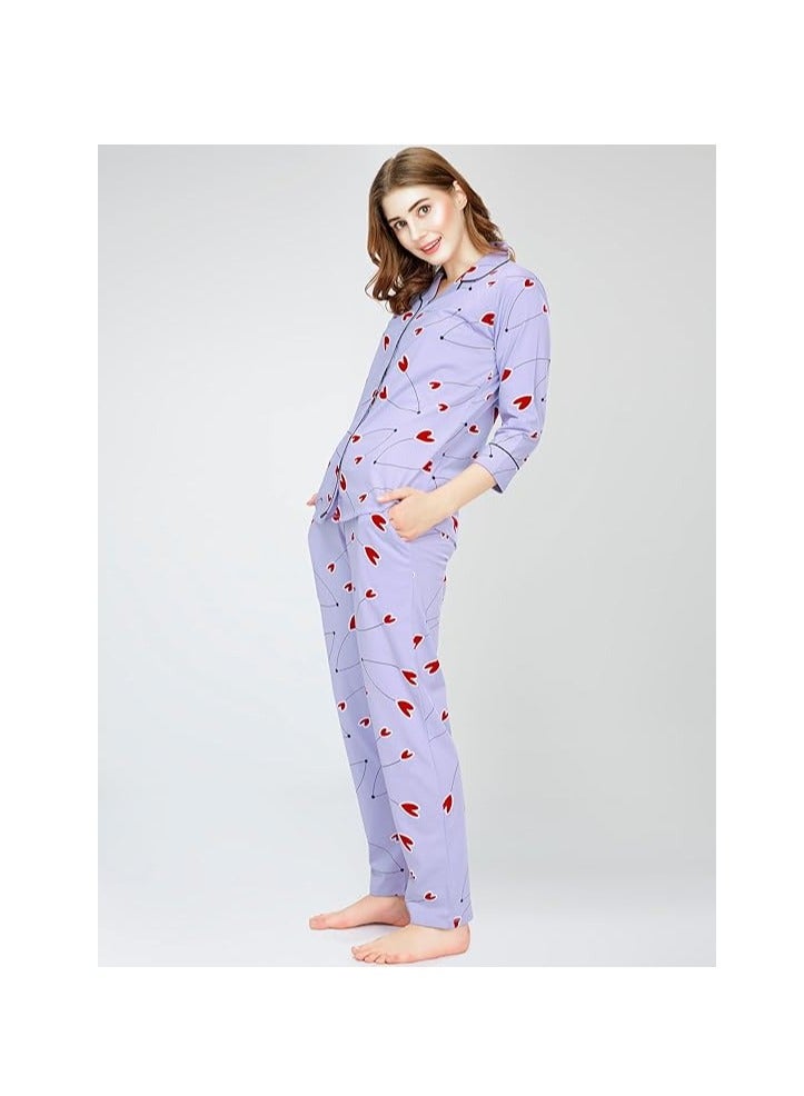 Accessorize Kingdom Night Suit for Women's Heart Printed Cotton Night Dress of Shirt and Pajama Set  - Image 4
