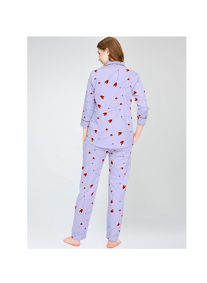 Accessorize Kingdom Night Suit for Women's Heart Printed Cotton Night Dress of Shirt and Pajama Set  - Image 5