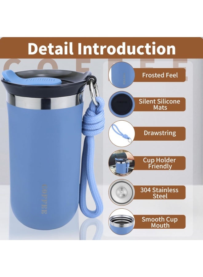 هابي هوم كوب قهوة من الفولاذ المقاوم للصدأ مع غطاء، كوب سفر مزدوج الجدار قابل لإعادة الاستخدام للمشروبات الساخنة والباردة، مانع للتسرب، سهل التنظيف، سعة 350 مل - أزرق - Image 2