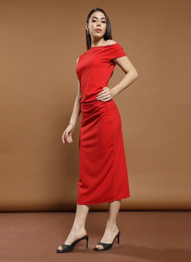 Athena فستان ميدي ضيق بكتف واحد باللون الأحمر للنساء - Image 5