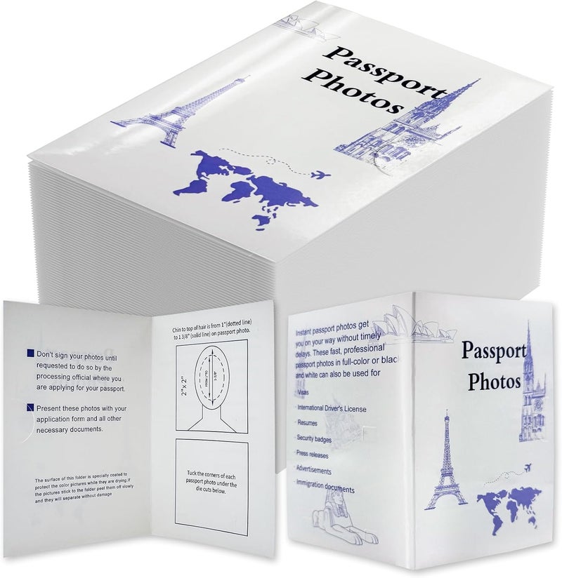 Vivitex 200 Pcs Passport Photo Holder with Closing Tab, Thick White Paper Folder w/Glossy & Matte Coating, 5.31x3.54 Inches - 2x2 Passport Photo Compartment, Safe for Office, Travel & Customer Delivery - Image 1