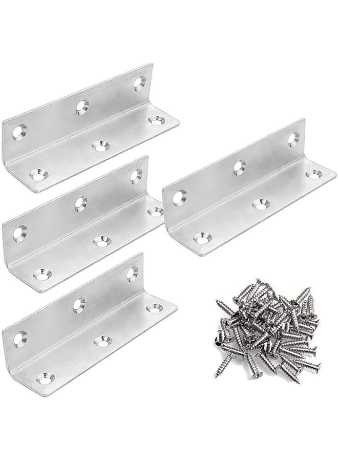 promass 4pcs Inside Corner Braces, Stainless Steel Heavy Duty Long L Brackets for Repairing and Reinforcing Wood Shelf Cabinets Furniture 90 Degree Right Angle Support (100mm) - Image 1