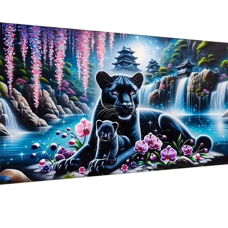 Ekuxom Large Diamond Art Kits for Adults, Waterfall Large Animal Diamond Painting Kits, Round Full Drill Leopard Diamond Dots Paintings Gem Crafts Wall Art Decor Gifts 27.5 X 15.7 inch - Image 1