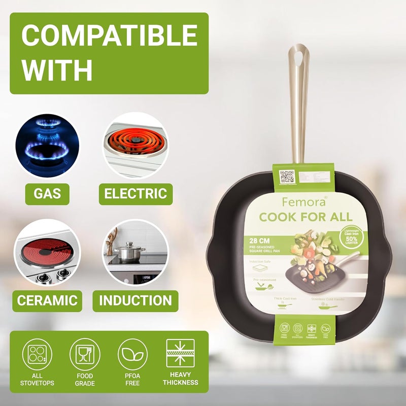 Femora Femora Cast Iron Square 28cm Grill pan Non Toxic and Coating Free Pack of 1 Pcs - Image 5