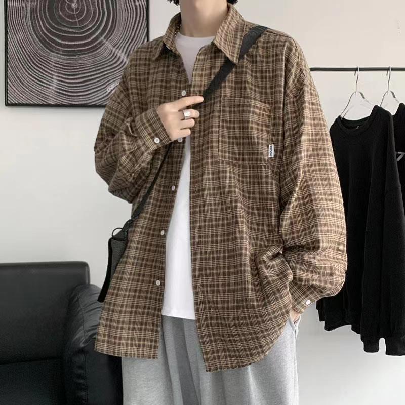 Retro Loose Checkered Long Sleeve Unisex Shirt Khaki high quality