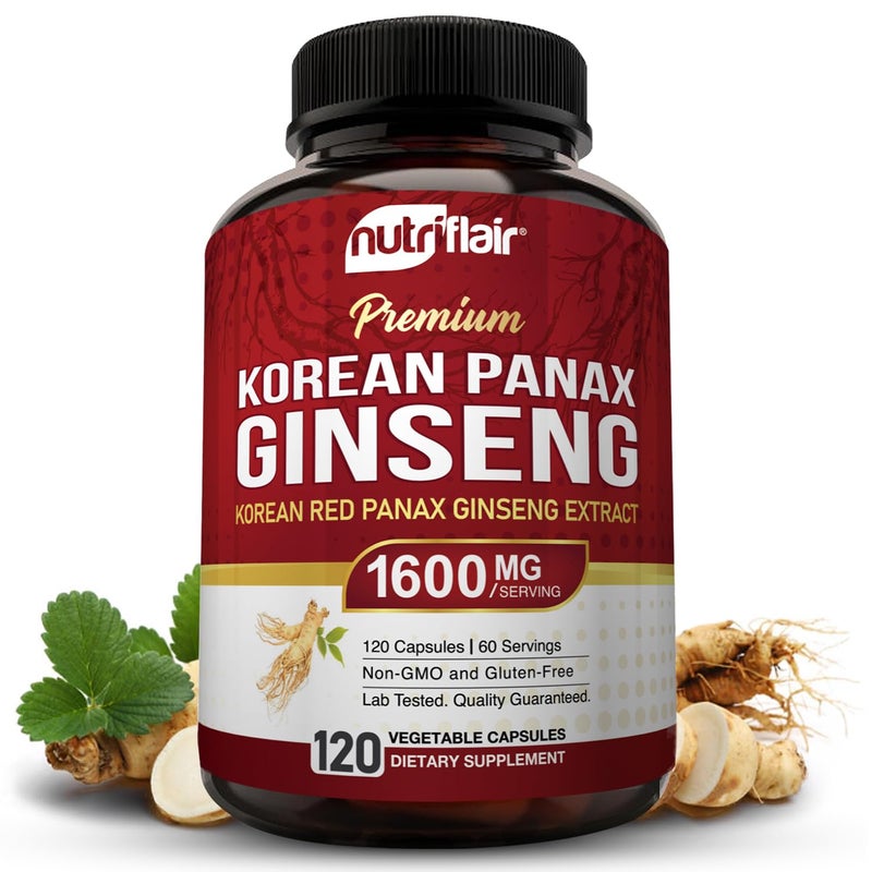 NutriFlair Korean Red Panax Ginseng 1600mg - 120 Vegan Capsules | 5% Ginsenosides | Non-GMO, Gluten-Free | Natural Energy & Focus Support | Made in USA - Image 1