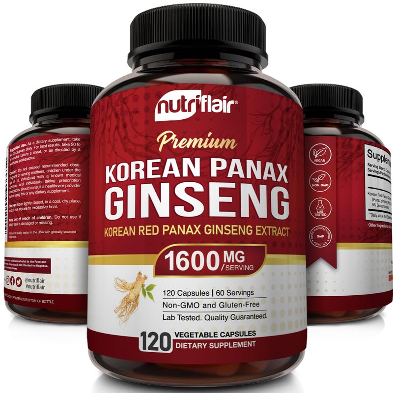 NutriFlair Korean Red Panax Ginseng 1600mg - 120 Vegan Capsules | 5% Ginsenosides | Non-GMO, Gluten-Free | Natural Energy & Focus Support | Made in USA - Image 2