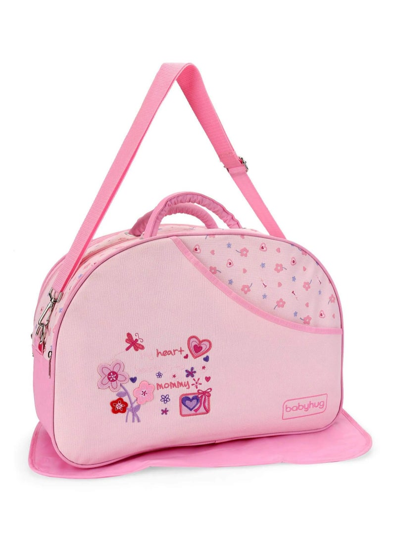 babyhug - Babyhug Heart & Floral Printed Diaper Bag With Changing Mat, Strong Shoulder Strap, One Front And Back Pocket, Additional Compartment, 0 to 3 Years, 37.5 x 17.5 x 28 cm - Pink - Image 1