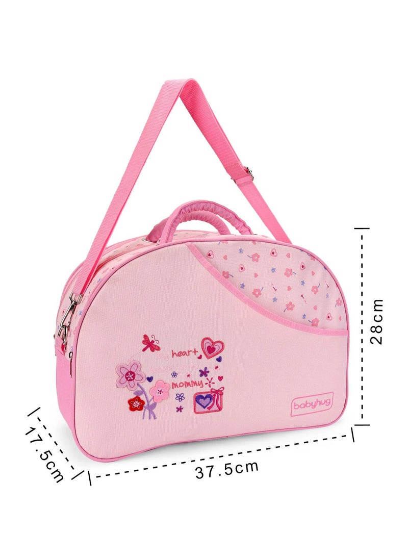 babyhug - Babyhug Heart & Floral Printed Diaper Bag With Changing Mat, Strong Shoulder Strap, One Front And Back Pocket, Additional Compartment, 0 to 3 Years, 37.5 x 17.5 x 28 cm - Pink - Image 1
