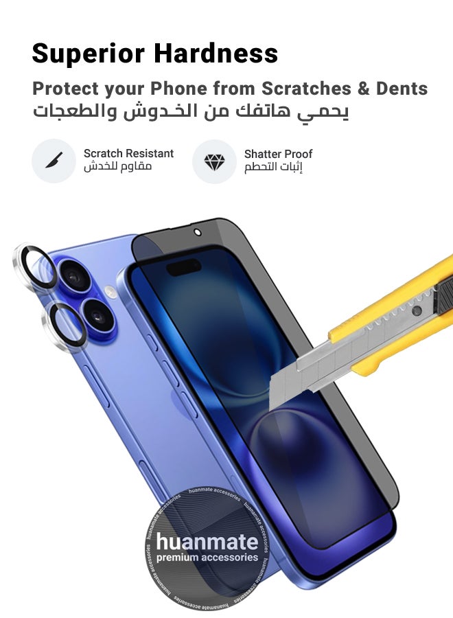 هووانميت 2 في 1 مجموعة حماية لهاتف أبل آيفون 16 بلس - واقي شاشة زجاجي للخصوصية【مضاد للتجسس】وواقي عدسة الكاميرا، حافة ممتازة من الحافة إلى الحافة، شفافية عالية، مضاد للانفجار، سهل التركيب - Image 4