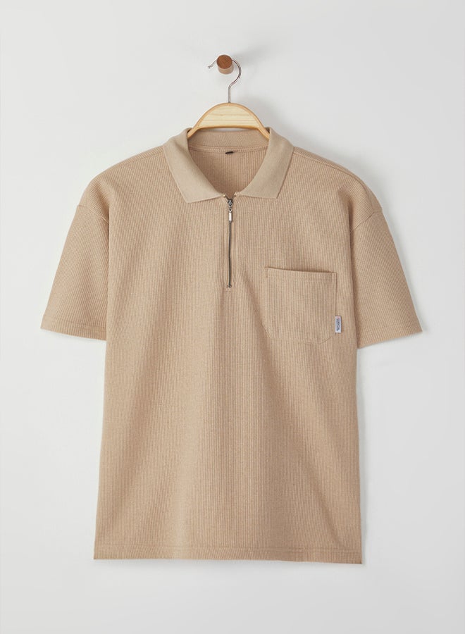 trendyol Beige Oversize/Wide Cut Pocket Detailed Textured Polo Neck T-shirt - Image 2