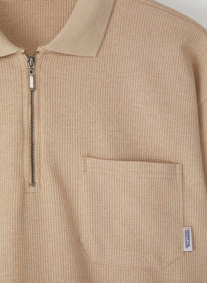 trendyol Beige Oversize/Wide Cut Pocket Detailed Textured Polo Neck T-shirt - Image 3