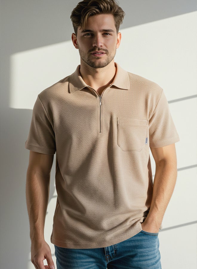 trendyol Beige Oversize/Wide Cut Pocket Detailed Textured Polo Neck T-shirt - Image 1