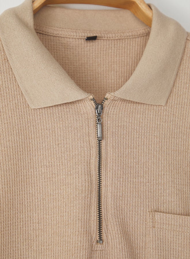trendyol Beige Oversize/Wide Cut Pocket Detailed Textured Polo Neck T-shirt - Image 4