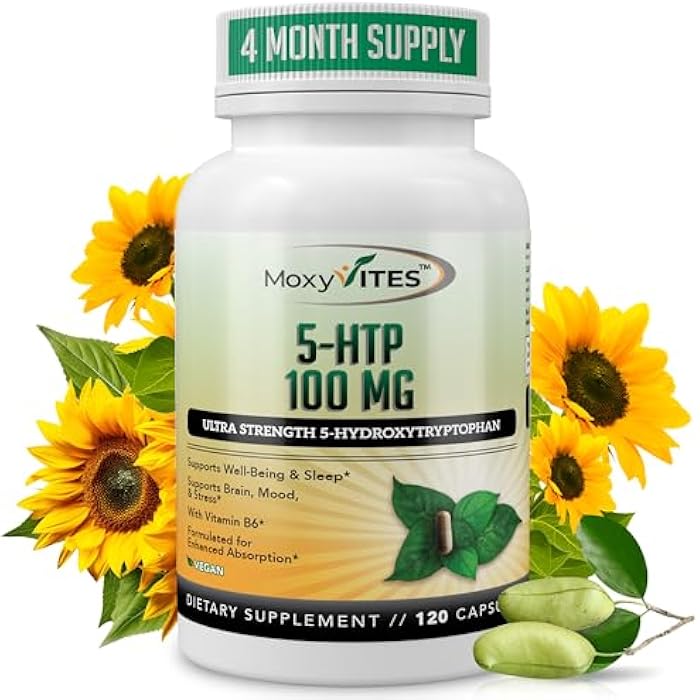 MoxyVites 5HTP 100mg Supplement, Plus B6, 5 HTP Organic Whole Food - Best Serotonin Booster - Non-GMO, 120 Vegan Capsules - Image 1