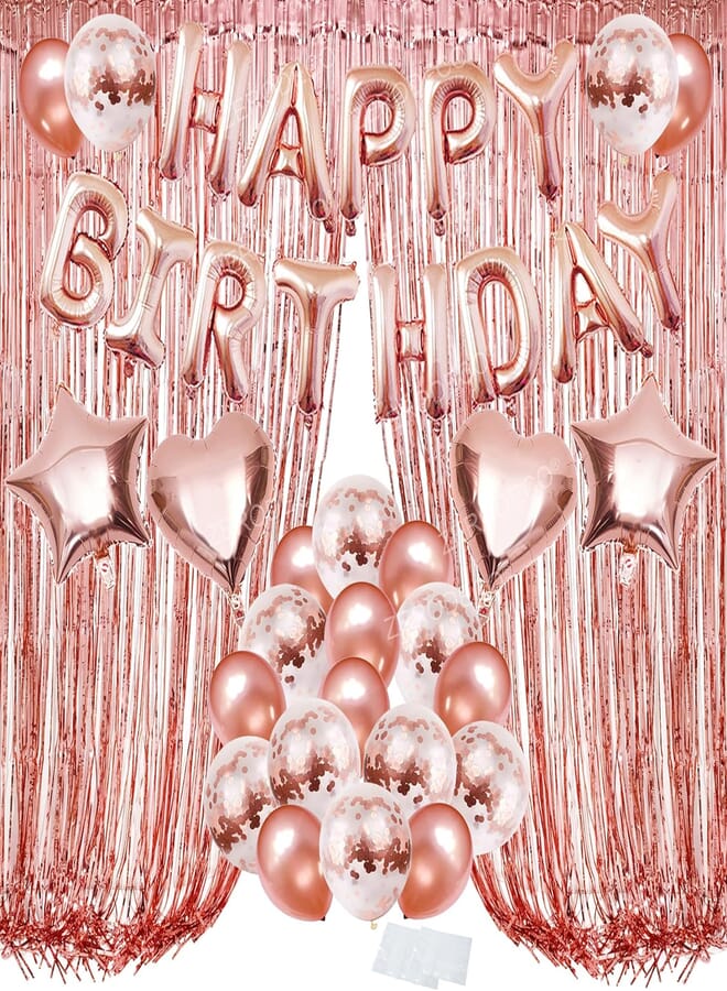 ZERODECO Rose Gold Balloons Decorations, Bday Metallic Foil Happy Birthday Balloon Fringe Shiny Curtains, Star Balloons, Heart Balloons Confetti Balloons and Latex Balloons for Birthday Party