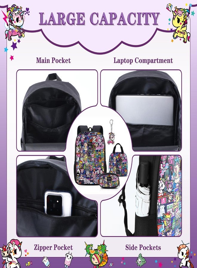 Tokidoki Backpack Set with Lunch Bag Pencil Case Unicorno Keychain Travel Laptop Bag Casual Daypacks for Women (Backpack Set-Purple) - Image 3