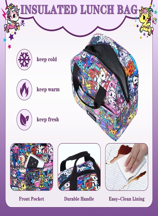 Tokidoki Backpack Set with Lunch Bag Pencil Case Unicorno Keychain Travel Laptop Bag Casual Daypacks for Women (Backpack Set-Purple) - Image 5