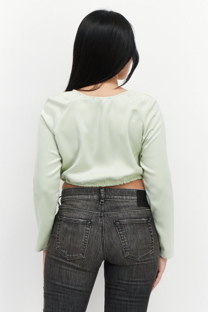Missguided Women Petite Round Neck Long Sleeves Plain Blouse, Mint Green - Image 3