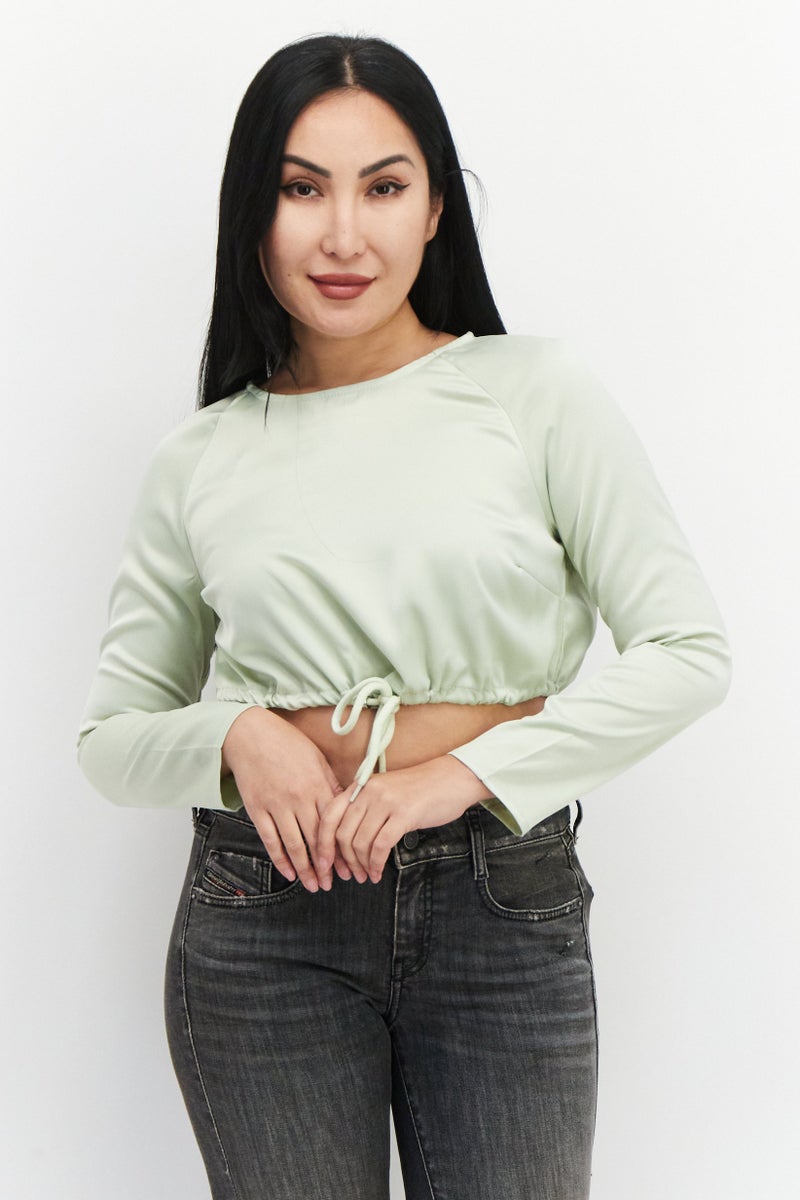 Missguided Women Petite Round Neck Long Sleeves Plain Blouse, Mint Green - Image 1
