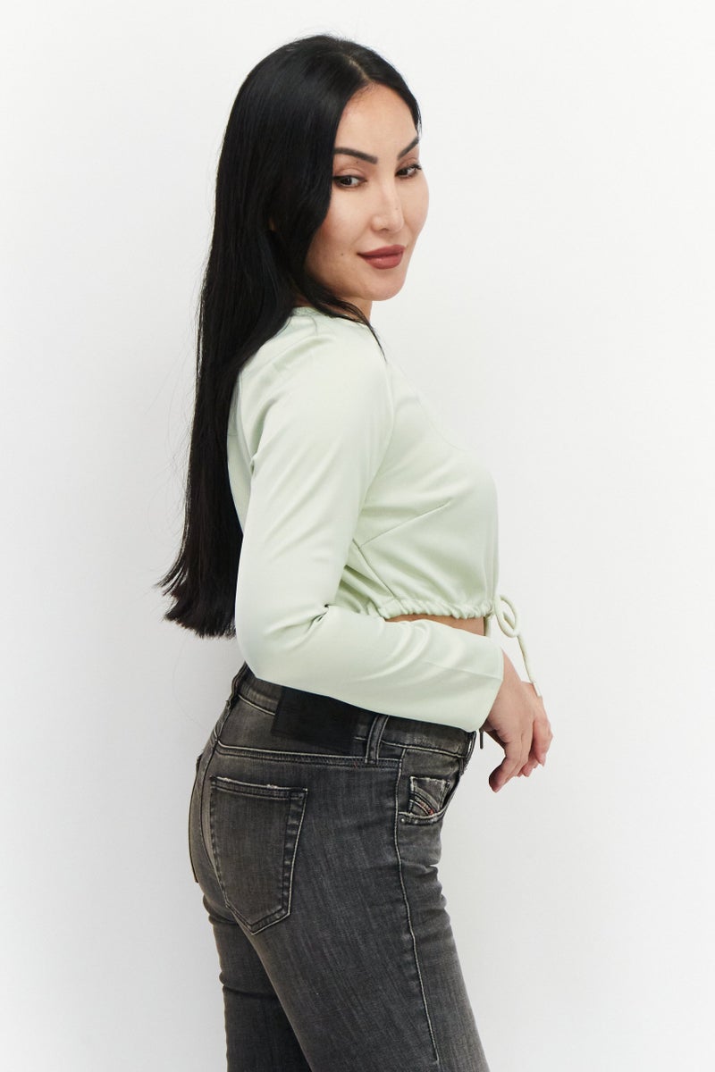 Missguided Women Petite Round Neck Long Sleeves Plain Blouse, Mint Green - Image 2