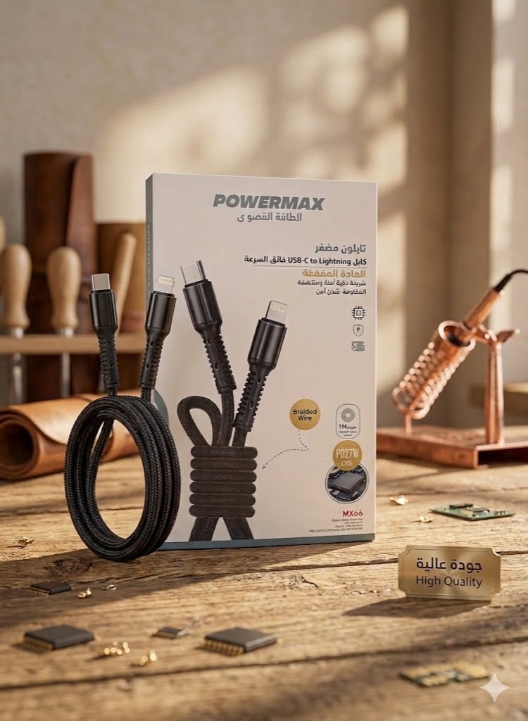 PowerMax Charger Cable 1m, USB-C to Lightning Cable, PD27 Fast Charging for iPhone 14/15 Pro and Promax - Image 2