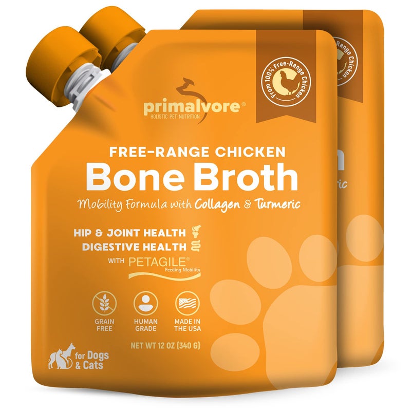 Primalvore Free-Range Bone Broth for Dogs &Cats, Mobility Formula w/Collagen Peptides to Help Support Hip & Joints, Digestion, Skin & Coat and Hydration, Human Grade, Made in USA. Chicken 2 Pack - Image 1