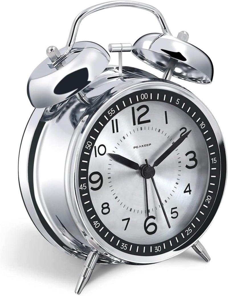 Peakeep Loud Alarm Clock for Heavy Sleepers Adults, Metal 4 Inches Twin Bell Battery Operated Alarm Clocks for Bedrooms Decoration (Metal Silver) - Image 1