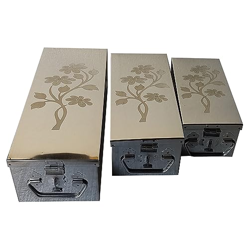 GinoSet® Stainless Steel safe Locker Boxes For Cash Peti Pooja Jewellery set Box (Multi_Pack of 3) Size -8 Inch, 10 Inch, 12 Inch With Laser Printed Sun Flower Design. - Image 1