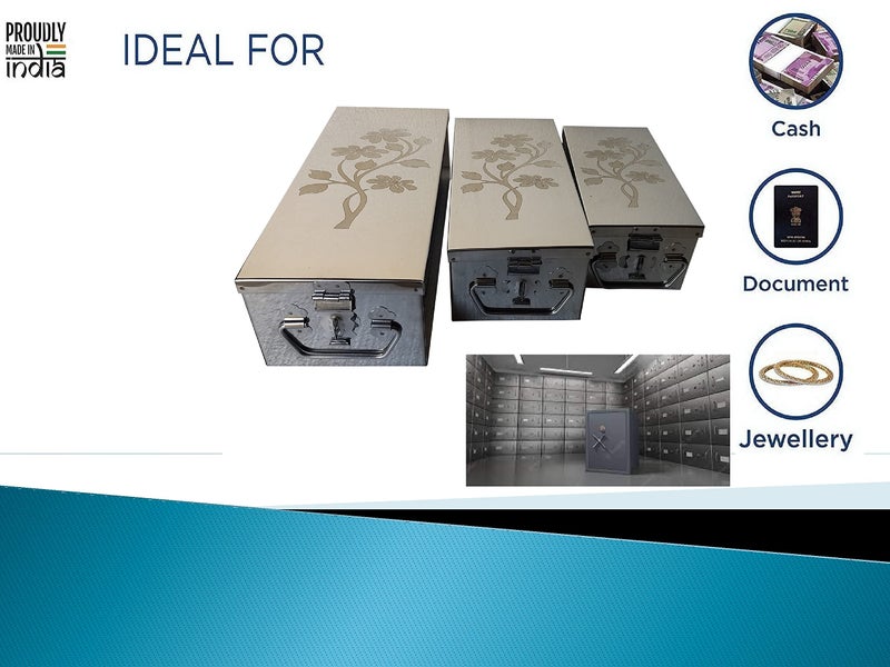 GinoSet® Stainless Steel safe Locker Boxes For Cash Peti Pooja Jewellery set Box (Multi_Pack of 3) Size -8 Inch, 10 Inch, 12 Inch With Laser Printed Sun Flower Design. - Image 2
