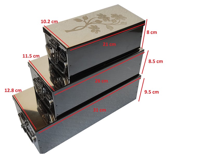 GinoSet® Stainless Steel safe Locker Boxes For Cash Peti Pooja Jewellery set Box (Multi_Pack of 3) Size -8 Inch, 10 Inch, 12 Inch With Laser Printed Sun Flower Design. - Image 5