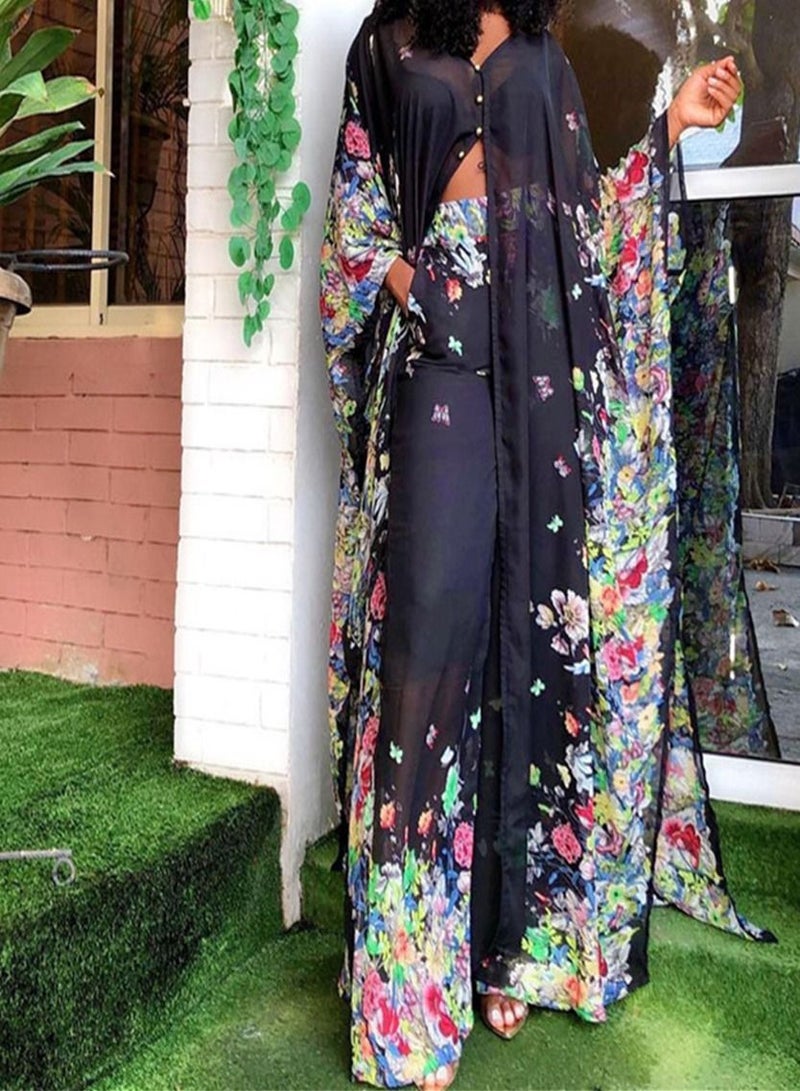 Loquat Chiffon Cardigan Loose Oversized Trousers Two-Piece Suit Abaya Multicolour 