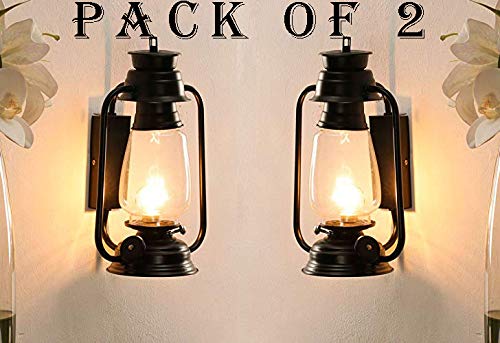 GreyWings Vintage Lantern Wall Light for Home Décor, Black Iron & Glass Antique Sconce Lamp for Living Room Bedroom Hall, Indoor Wall Lighting, (Bulb Not Included) Pack of 2 - Image 1