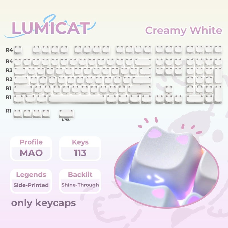 OHY XVX Lumicat Mao Profile Side-Printed Shine-Through PBT Keycaps, 113 Keys Double-Shot Dye-Sublimation Creamy White Keycap Set, Compatible with MX Switches Mechanical Keyboard - Image 2