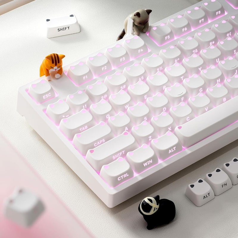 OHY XVX Lumicat Mao Profile Side-Printed Shine-Through PBT Keycaps, 113 Keys Double-Shot Dye-Sublimation Creamy White Keycap Set, Compatible with MX Switches Mechanical Keyboard - Image 1