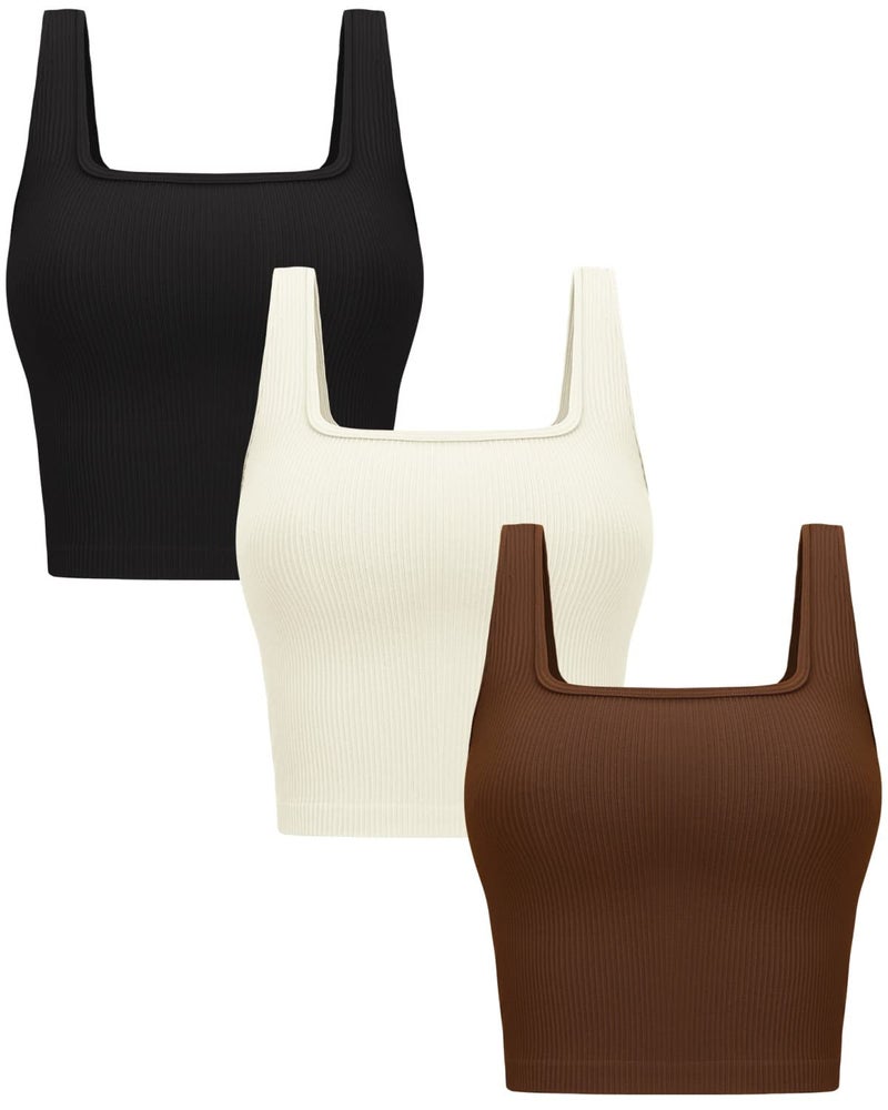 OLCHEE Women's 3 Pack Crop Tank Tops - Seamless Ribbed Sleeveless Square Neck Yoga Gym Shirts, Black Brown Beige Medium - Image 1
