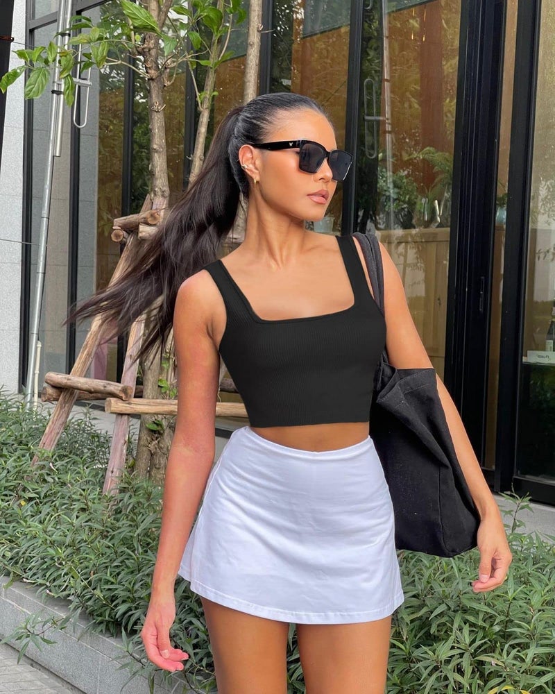 OLCHEE Women's 3 Pack Crop Tank Tops - Seamless Ribbed Sleeveless Square Neck Yoga Gym Shirts, Black Brown Beige Medium - Image 4