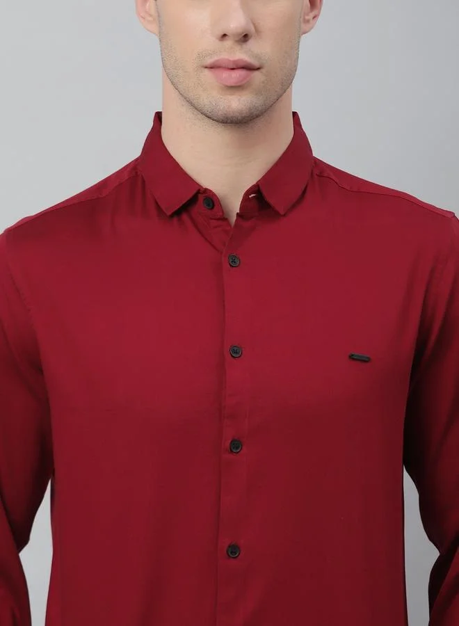 دينيس لينغو Slim Fit Maroon Men's Solid Shirt, Spread Collar, Full Sleeves, 100% Cotton
