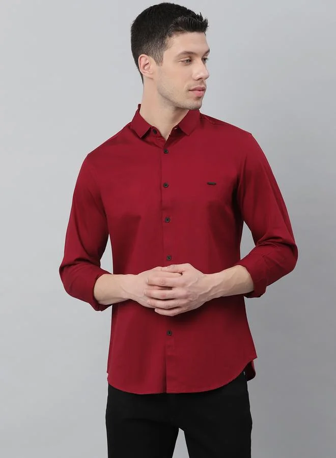 دينيس لينغو Slim Fit Maroon Men's Solid Shirt, Spread Collar, Full Sleeves, 100% Cotton