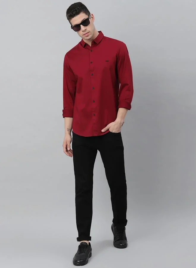 دينيس لينغو Slim Fit Maroon Men's Solid Shirt, Spread Collar, Full Sleeves, 100% Cotton