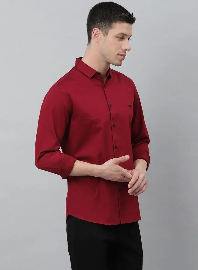 دينيس لينغو Slim Fit Maroon Men's Solid Shirt, Spread Collar, Full Sleeves, 100% Cotton