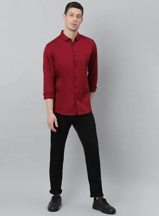 دينيس لينغو Slim Fit Maroon Men's Solid Shirt, Spread Collar, Full Sleeves, 100% Cotton