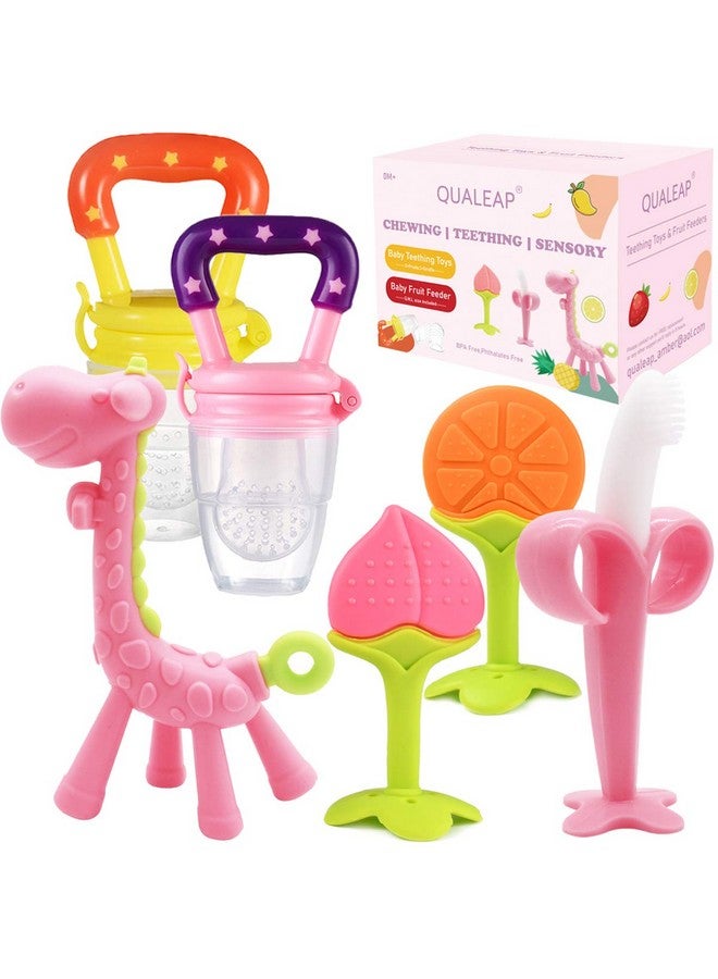 QUALEAP Teething Toys For Babies 06 Months 612 Months Teethers With 2 × Baby Fruit Feeders And 4 × Baby Teether Bpa Free/Freezer Free Different Soft Textures For Infant And Toddlers (Pink) - Image 1