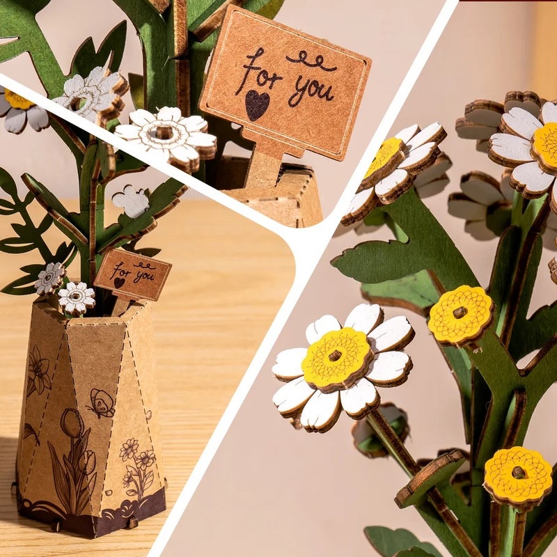 رولايف أحجية ثلاثية الأبعاد Rolife Artificial Flower Wooden 3D Puzzle Chamomile DIY Flower Bouquet Model Building Kit for Home Decor Mother's Day Valentine's Day Gift for Mother - Image 5
