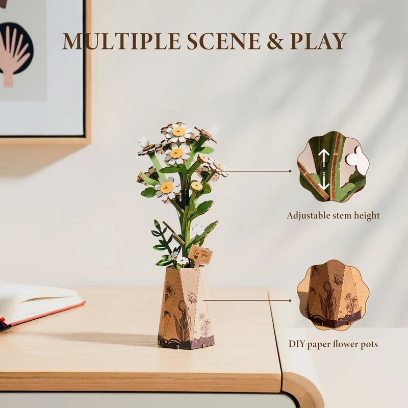 رولايف أحجية ثلاثية الأبعاد Rolife Artificial Flower Wooden 3D Puzzle Chamomile DIY Flower Bouquet Model Building Kit for Home Decor Mother's Day Valentine's Day Gift for Mother - Image 4