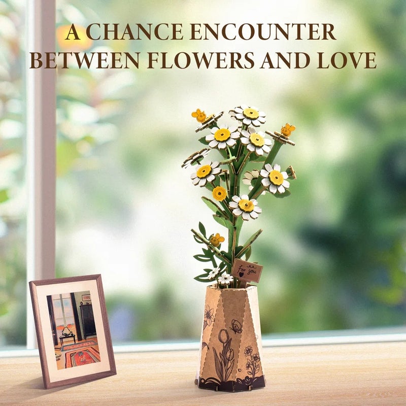 رولايف أحجية ثلاثية الأبعاد Rolife Artificial Flower Wooden 3D Puzzle Chamomile DIY Flower Bouquet Model Building Kit for Home Decor Mother's Day Valentine's Day Gift for Mother - Image 2