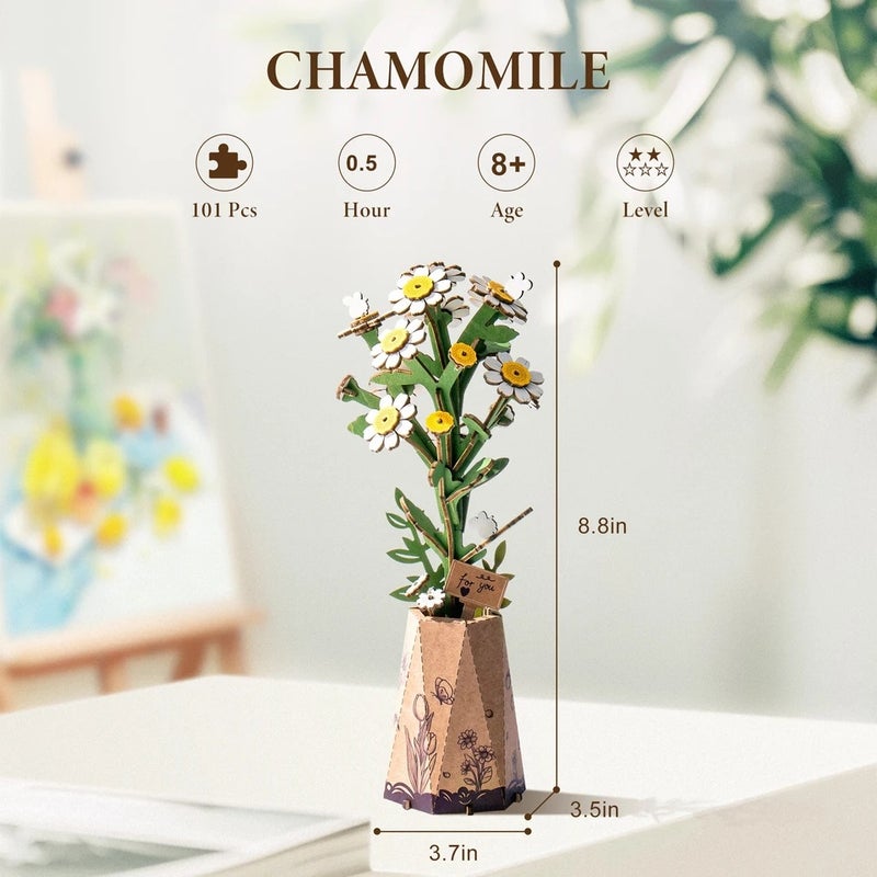 رولايف أحجية ثلاثية الأبعاد Rolife Artificial Flower Wooden 3D Puzzle Chamomile DIY Flower Bouquet Model Building Kit for Home Decor Mother's Day Valentine's Day Gift for Mother - Image 3