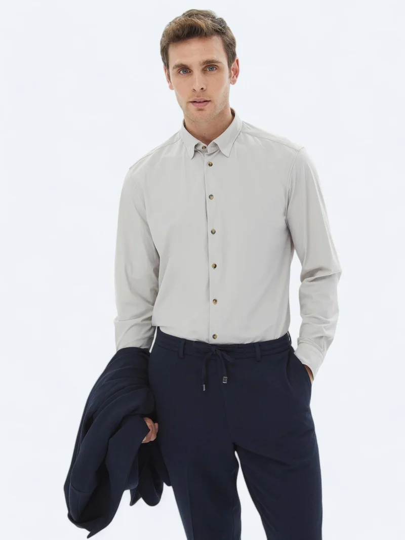 Kip Ecru Plain Regular Fit Long Knitting Casual Shirt